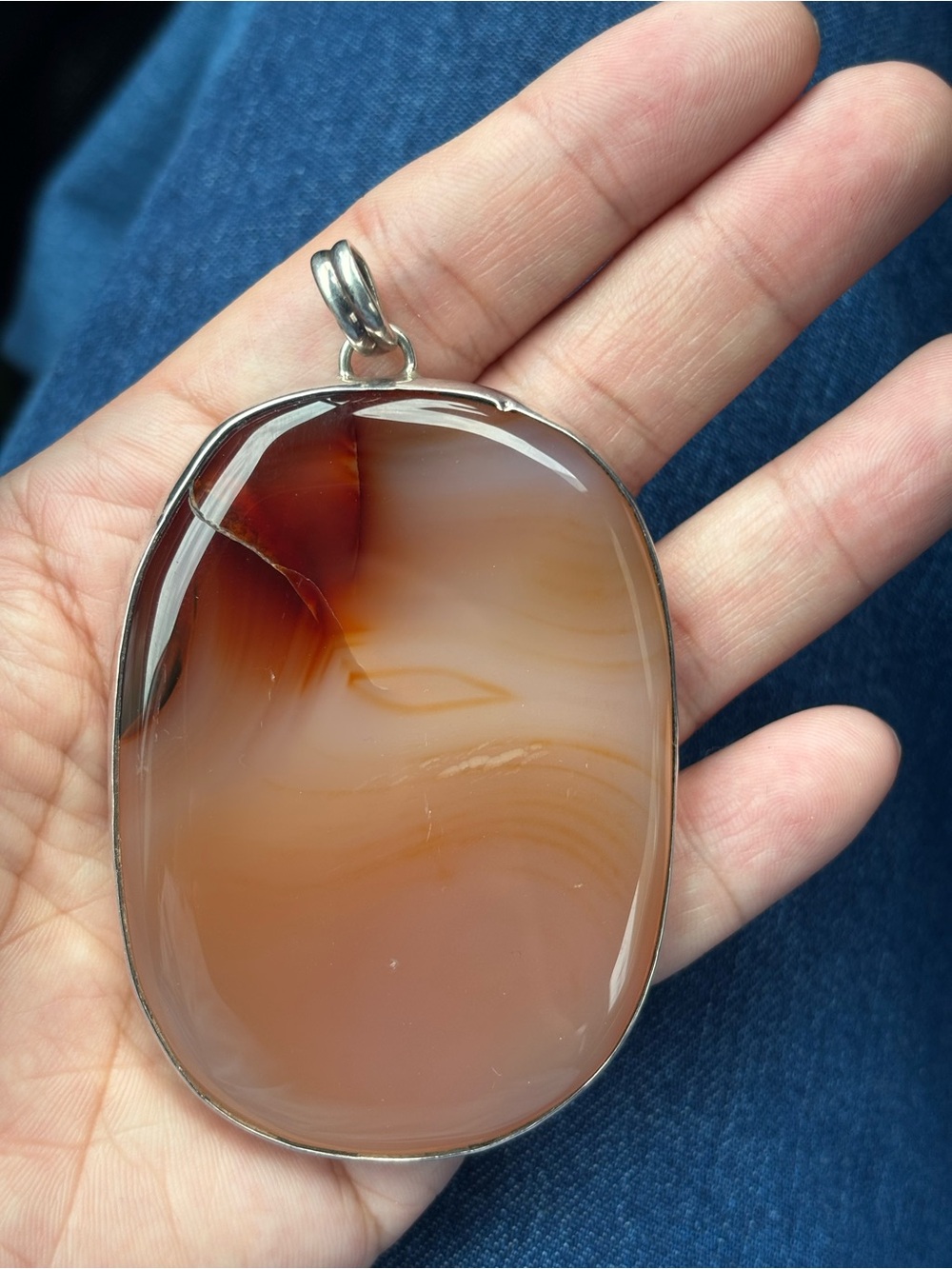 Huge 925 Polished Brown Agate Pendant in Silver Setting
